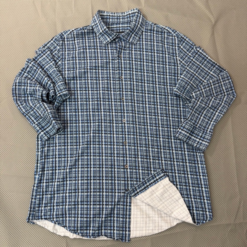 Bugatchi OoohCotton Tech Shirt Mens L Cobalt Multi Plaid Stretch Long Sleeve